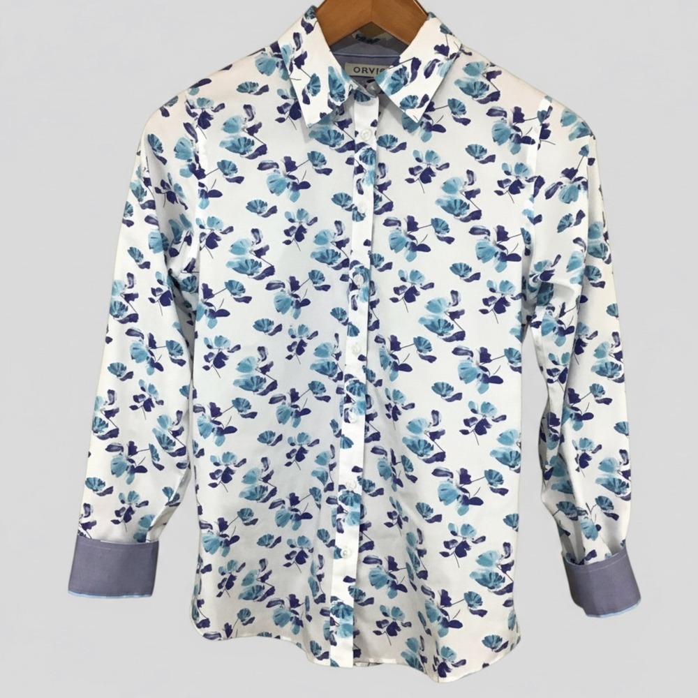 Orvis Shirt Womens 4 White Blue Green Floral Wrinkle Free Long Sleeve Casual